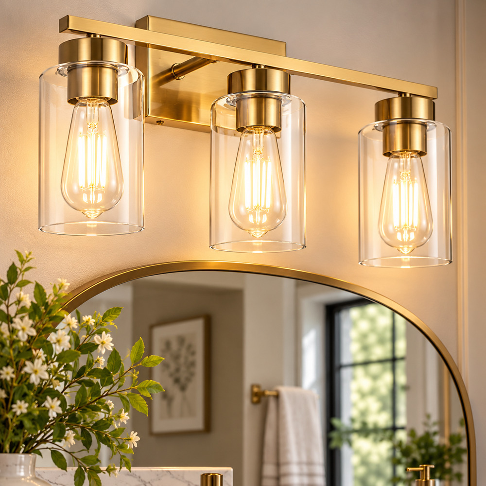 3-Light Brushed Gold Bathroom Vanity Light – Clear Glass Shades